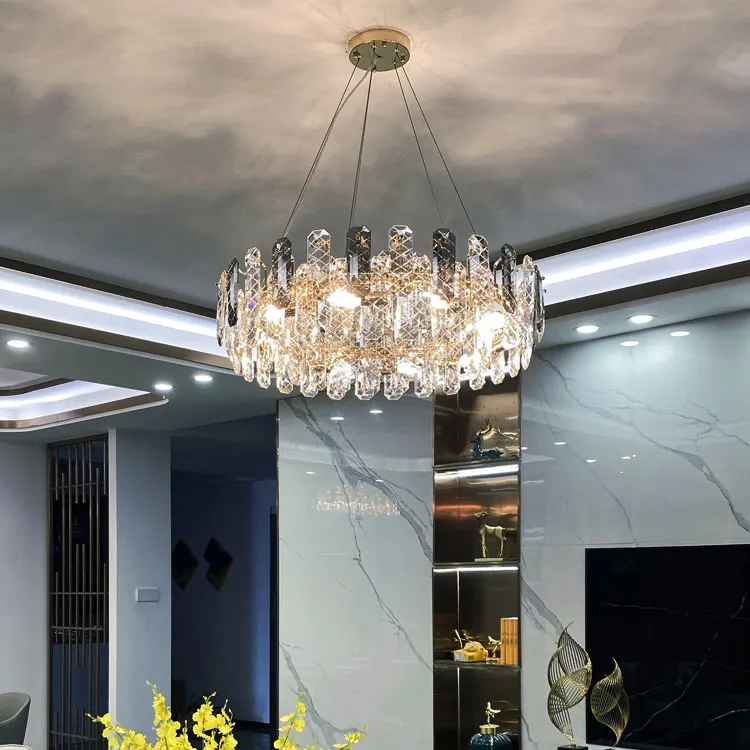 circle pendant light living room Modern luxury round smoke grey k9 crystal chandelier