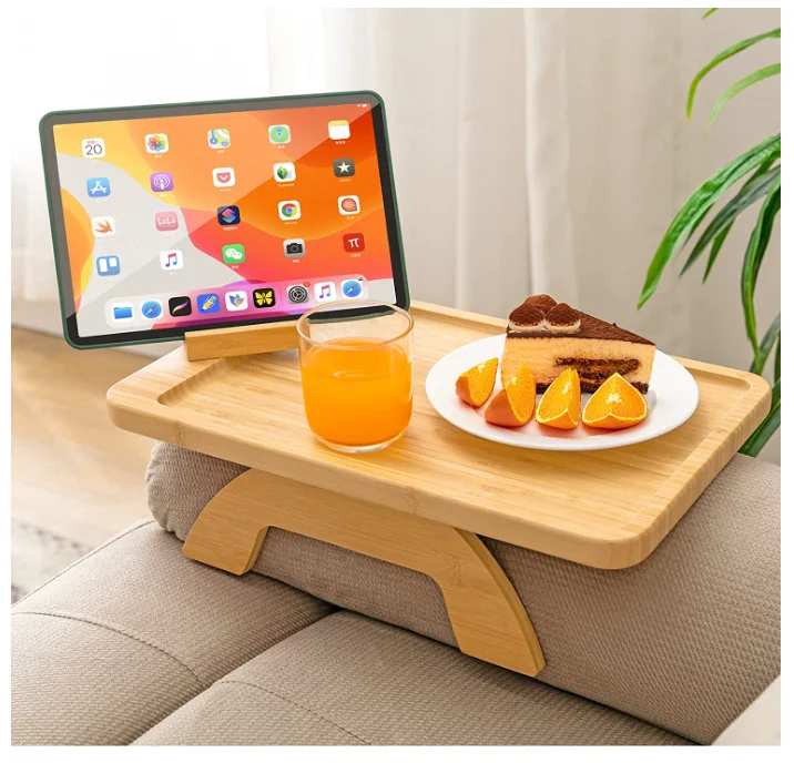 Bamboo Sofa Tray Table Clip on Side Table for Wide Couches Arm, Foldable Couch Tray with Rotating Phone Holder