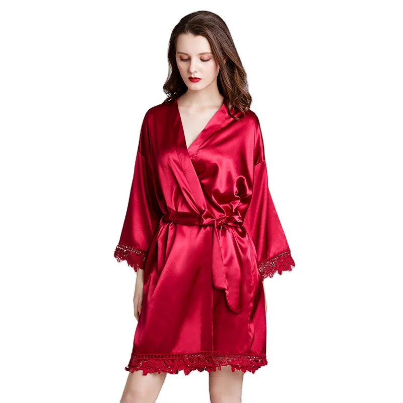 
OEM Silky Satin Women Sexy Robe Bridesmaid Floral Robe with Lace for Wedding Party 
