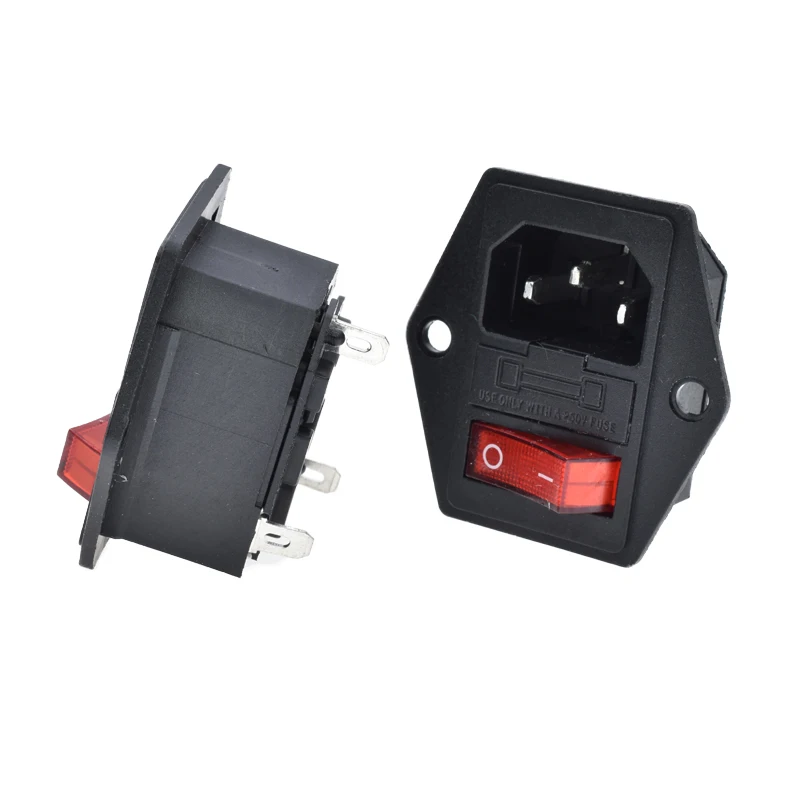 AC250V 10A C14 power socket with fuse 13A rocker switch red indicate light 3 pin male industrial connector