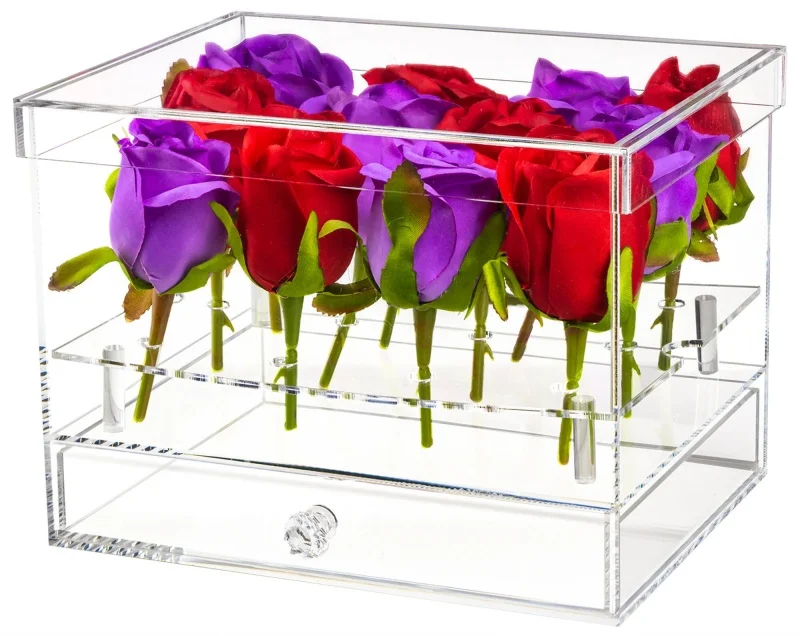 Luxury Clear Flower Acrylic Rose Box with Drawer Transparent Acryl Flower Box Round Crystal Acrylic Flower Box 9 Holes