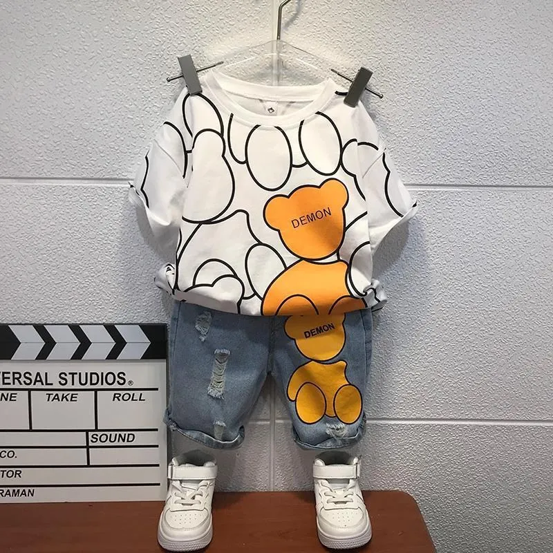 Boys summer suit 2021 new style baby cute bear clothes Korean version handsome short-sleeved jeans two-piece set