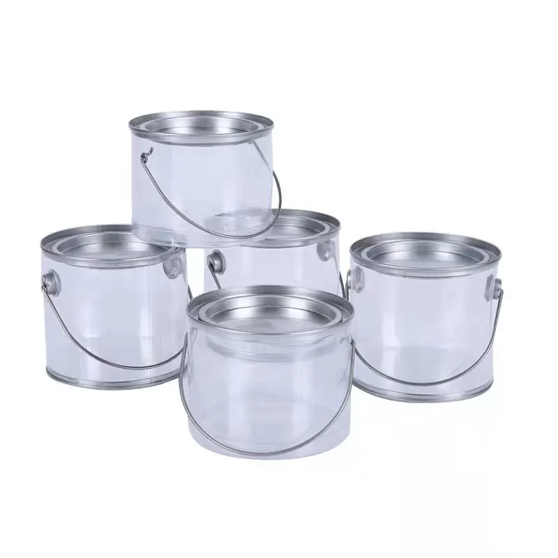 Clear Plastic PVC Packaging Paint Tin Bucket With Metal Lid and  Handle