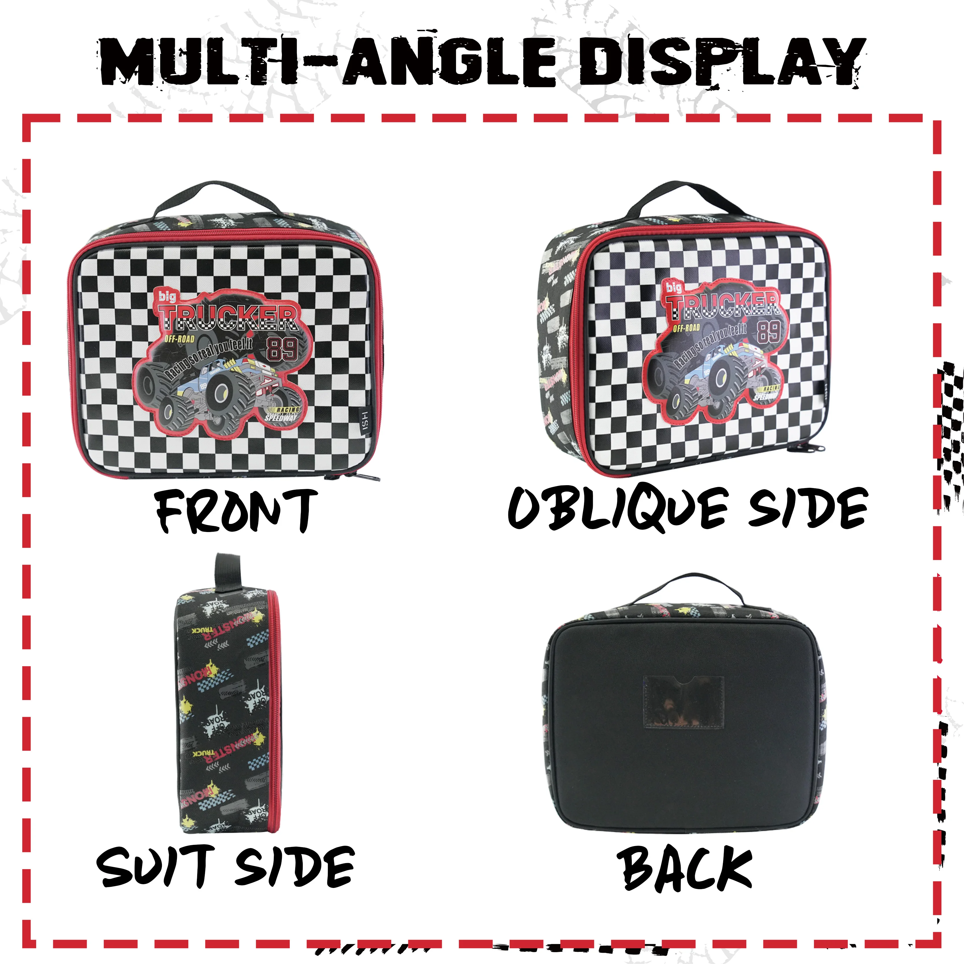 HSI Monster Truck Series Cute Cartoon Car Insulation Bag Tartan Portable Lunch Cooler Bag Students Thermal Bento Meals Food Bag