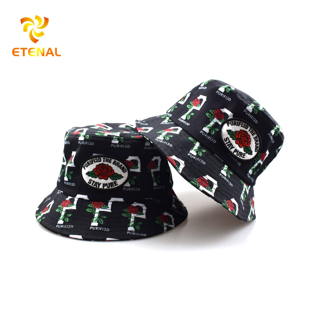 Reversible Custom Logo Allover Printed and Embroidered Cotton Fisherman Bucket Hat With Private Brand Label