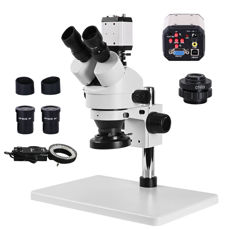 digital Trinocular Stereo Microscope zoom 7-45x + 1080P camera USB VGA CVBS + LED Ring Light +1/3 adapter OSL-523
