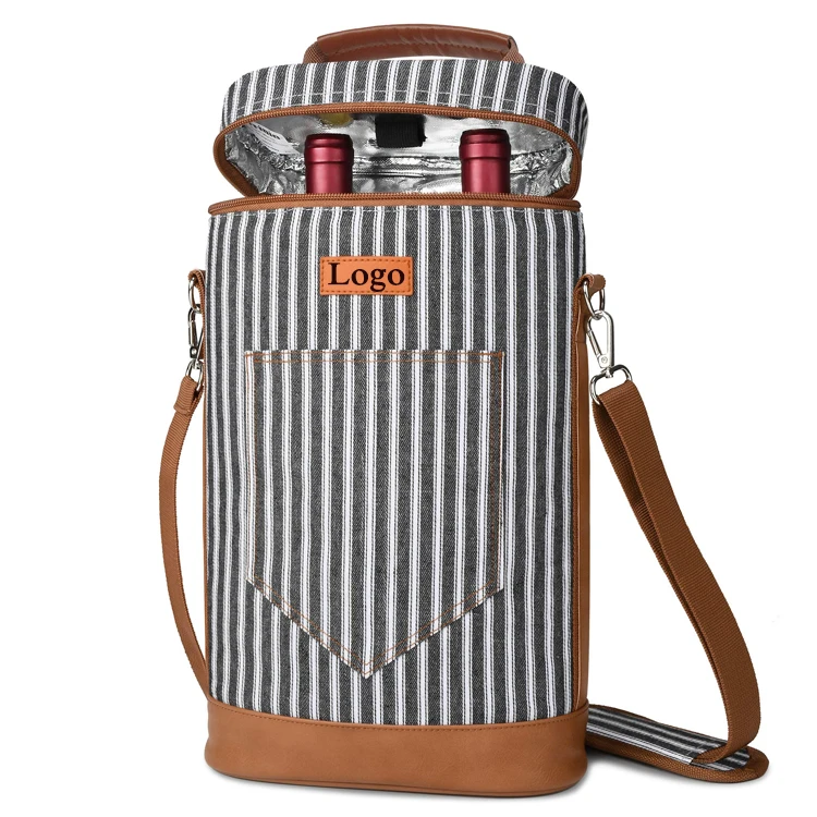 Custom Stripe Ice Red Wine Cooler Bag Leakproof 2 Bottle Travel Carrying Wine Bottle Cooler Bag with Handles and Shoulder Strap