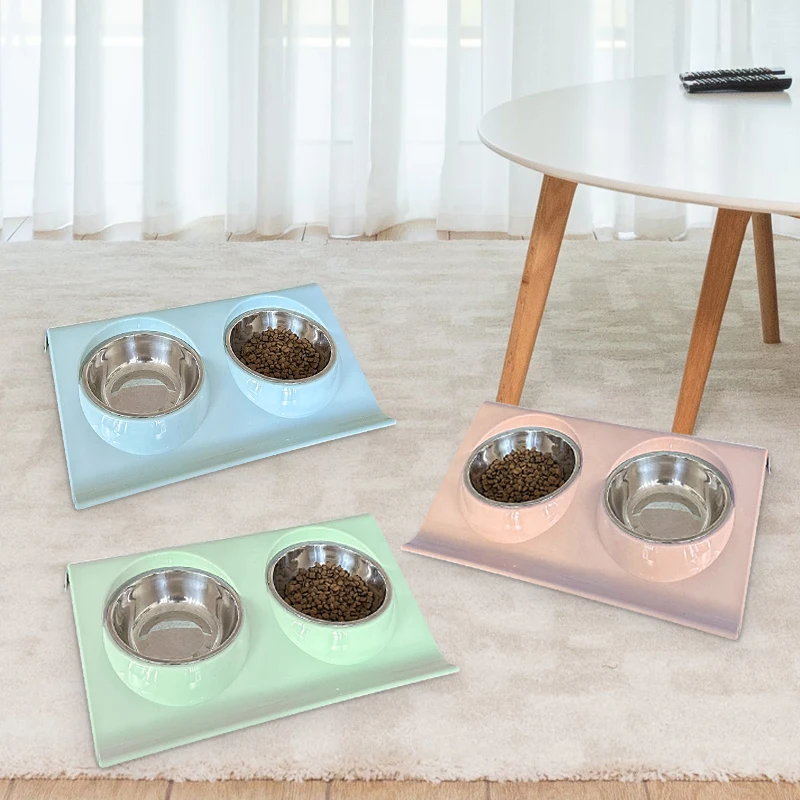 Plastic Stainless Steel Double Elected Dog Bowl Oblique Dog Food Feeder Elevated Pet Bowl