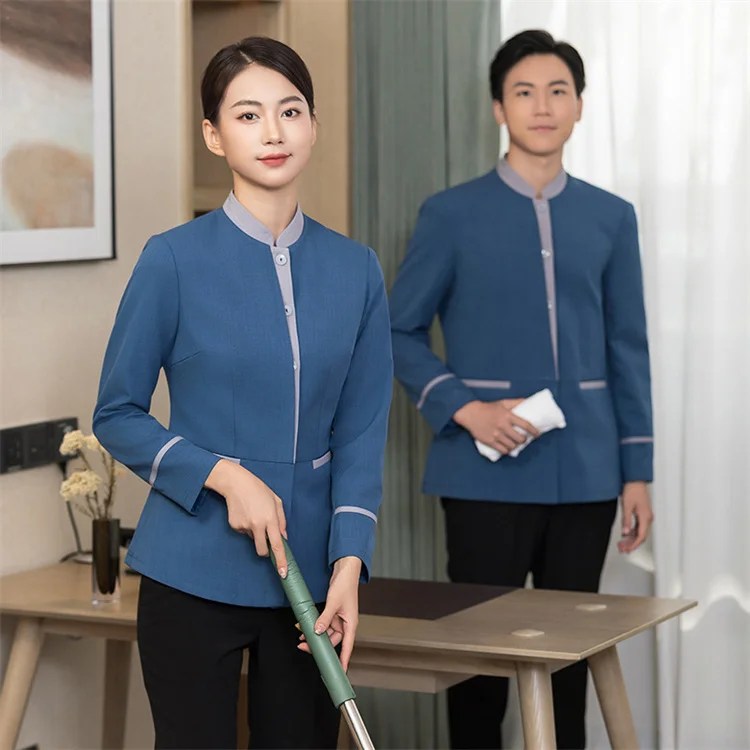 Oem logo Custom Hotel Restaurant bar Work Wear Cleaner Receptionist Cleaning Housekeeping Staff Uniform Long Sleeve Coat Jacket