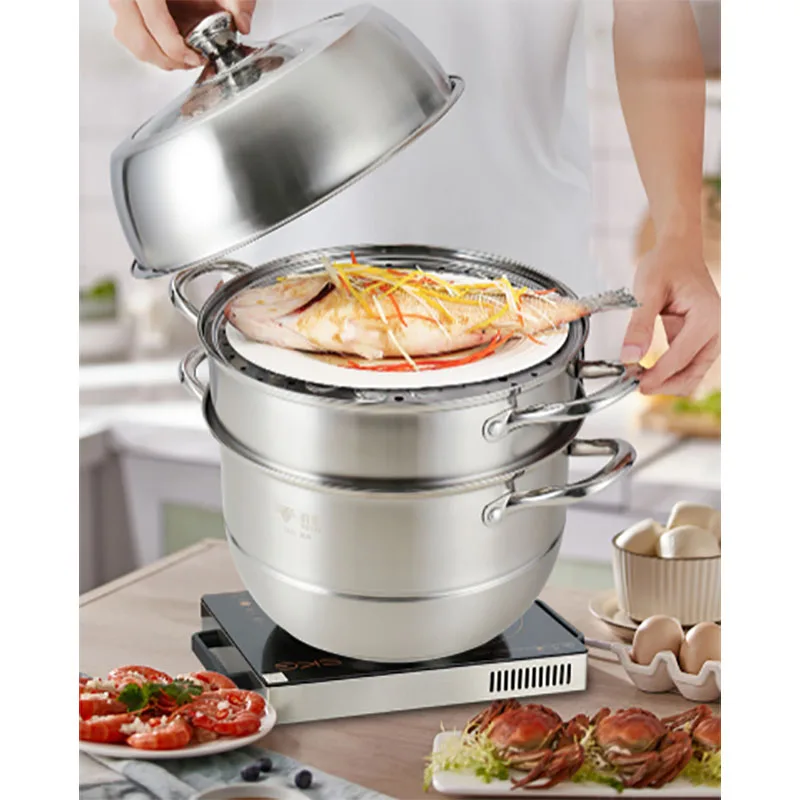 High Quality 30cm 304 Stainless Steel Steamer 3-Layer Food Steamer Pot for Cooking