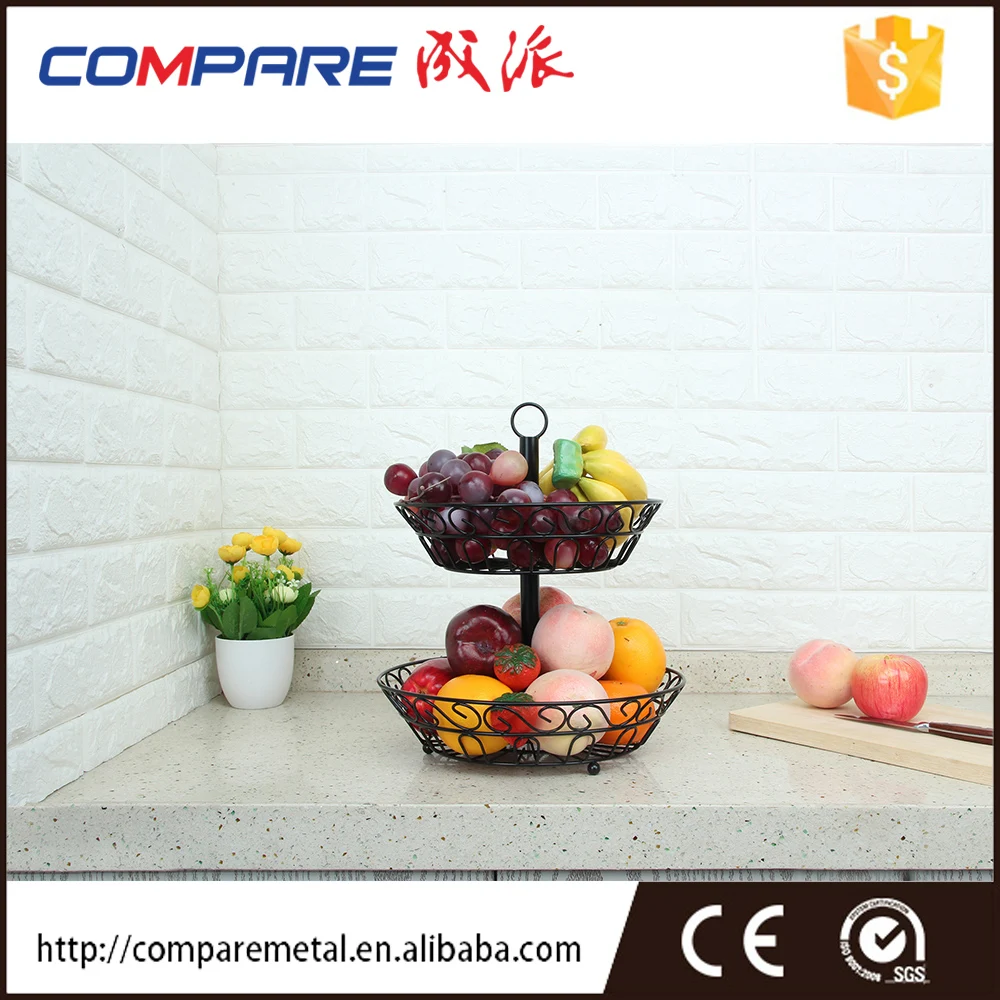 2-Tier XL Size Household Metal Hanging Fruit Bowl Stand Decorative Vegetable Basket with SUS Bowl for Kitchen Storage