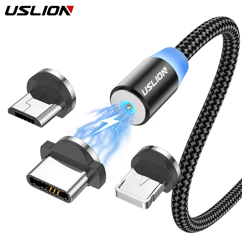 USLION 3 in 1 USB Cable Type C Magnetic Charging Cable Magnet Micro USB 360 Rotation LED Light for iphone