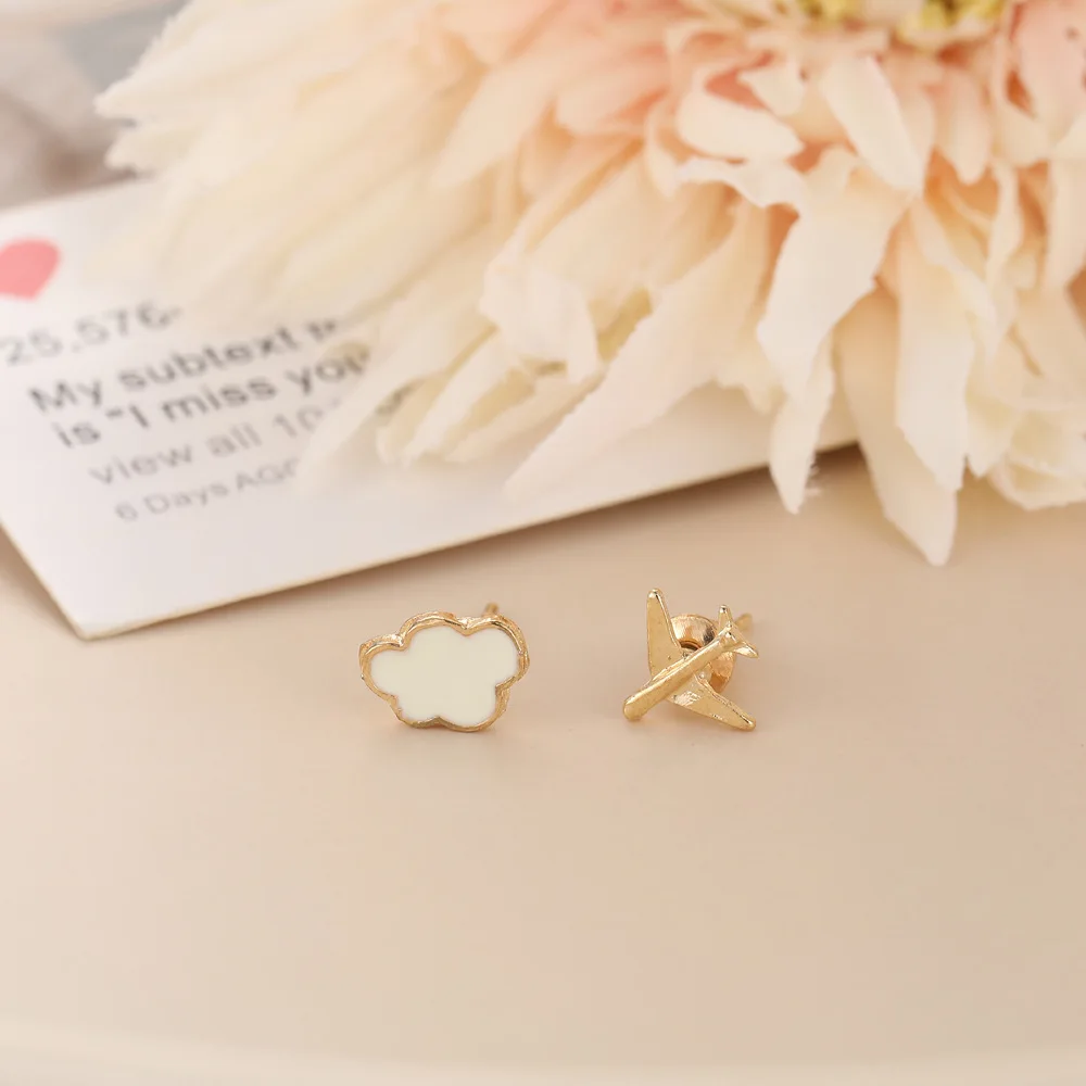 Summer Cute Mini Asymmetry Airplane White Cloud Enamel Earring stud For Women girls