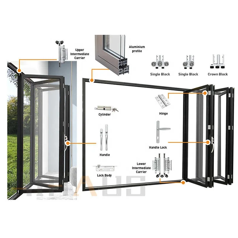 New smart black glazed accordion sliding bifold aluminum folding glass door exterior