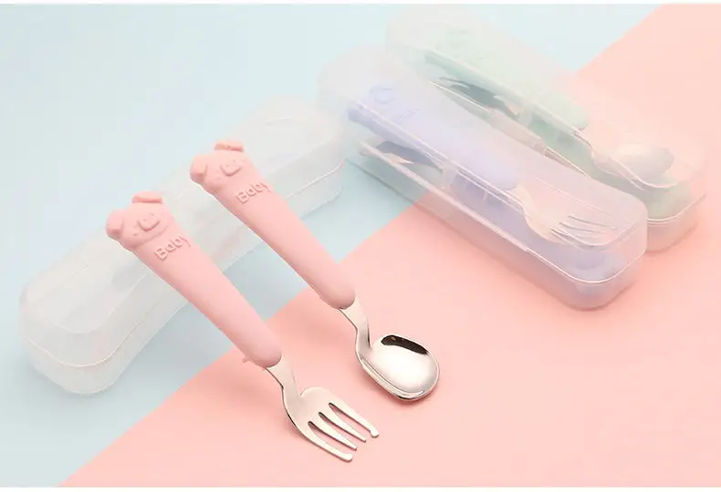 304 Stainless steel spoon and fork set silicone handle  for Children