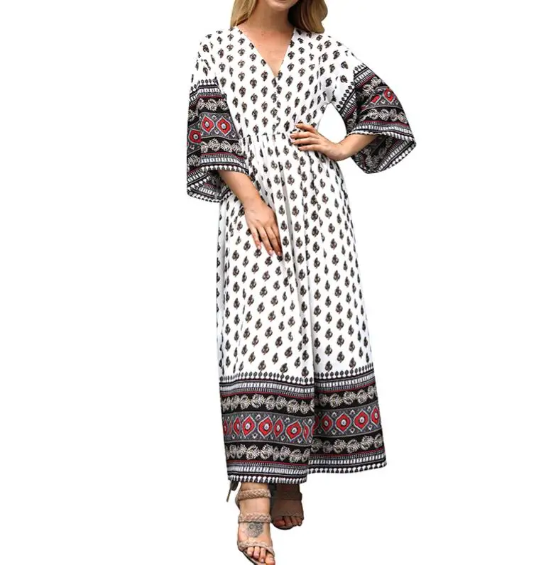 Оптовая продажа, летнее клетчатое платье на заказ, свободное платье большого размера в этническом стиле с V-образным вырезом, платье с длинным рукавом, женская одежда большого размера