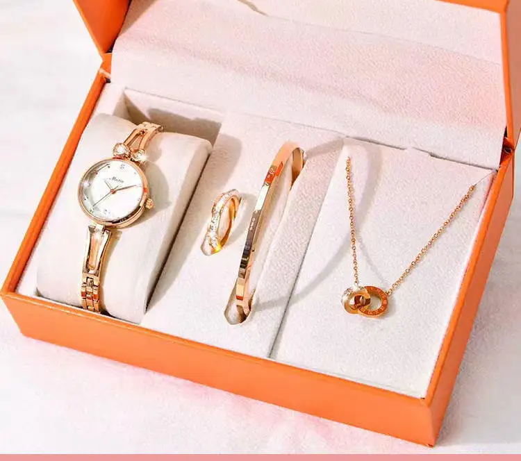 Luxury 4 PCS Jewelry Gift Set Gold Ladies Watch Sets Necklace Bracelet Watch Set Women