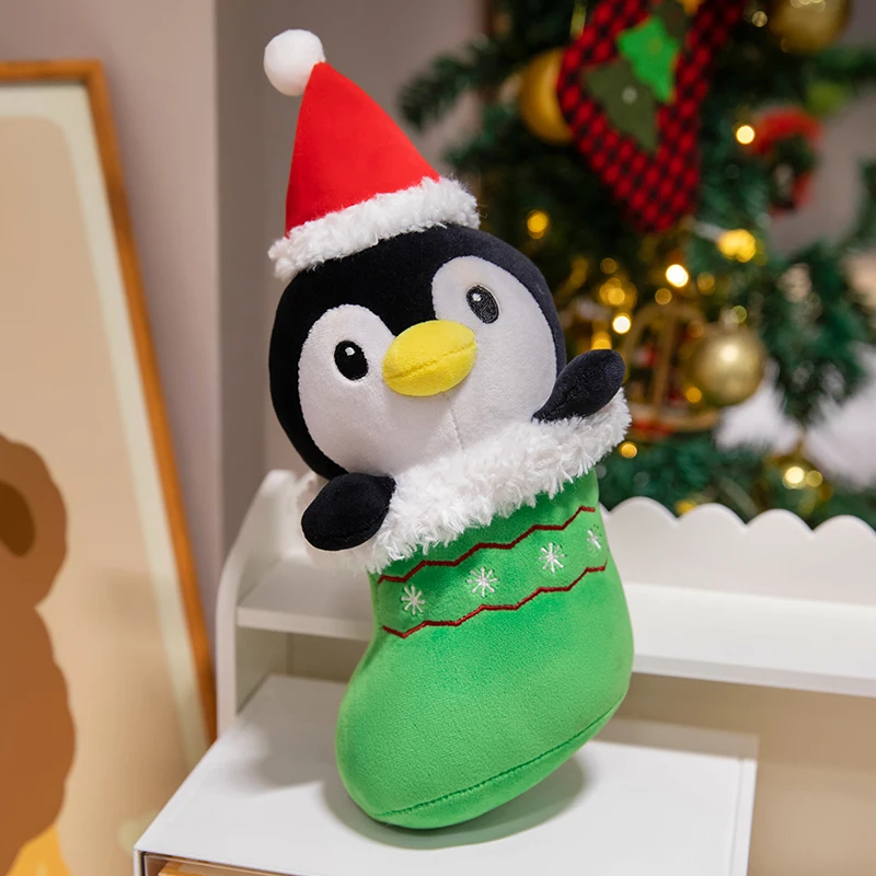 Wholesale plush stuffed custom christmas tree stockings toy soft customized caped penguin elf red christmas stockings plush toy