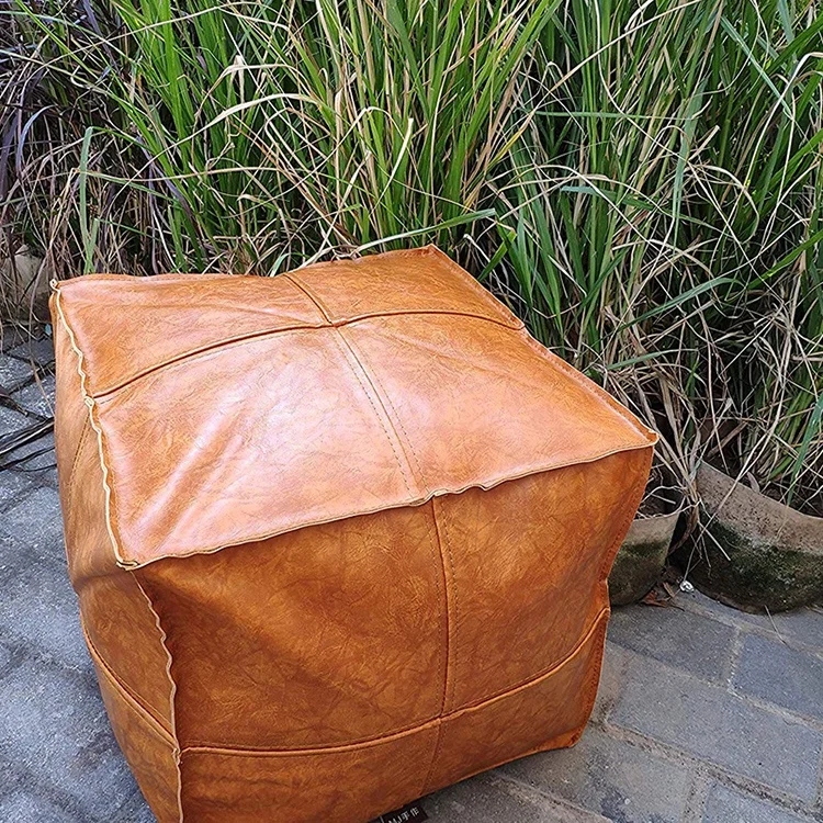 2020 OEM/ODM Wholesale Square Brown Leather Ottoman footstool Pouf Cover