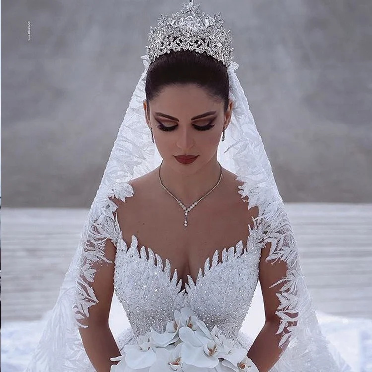 V-neck Luxury Crystal Wedding Dresses Turkey Istanbul China Manufacturer Long Tail Ball Gowns Wedding Dress For Women