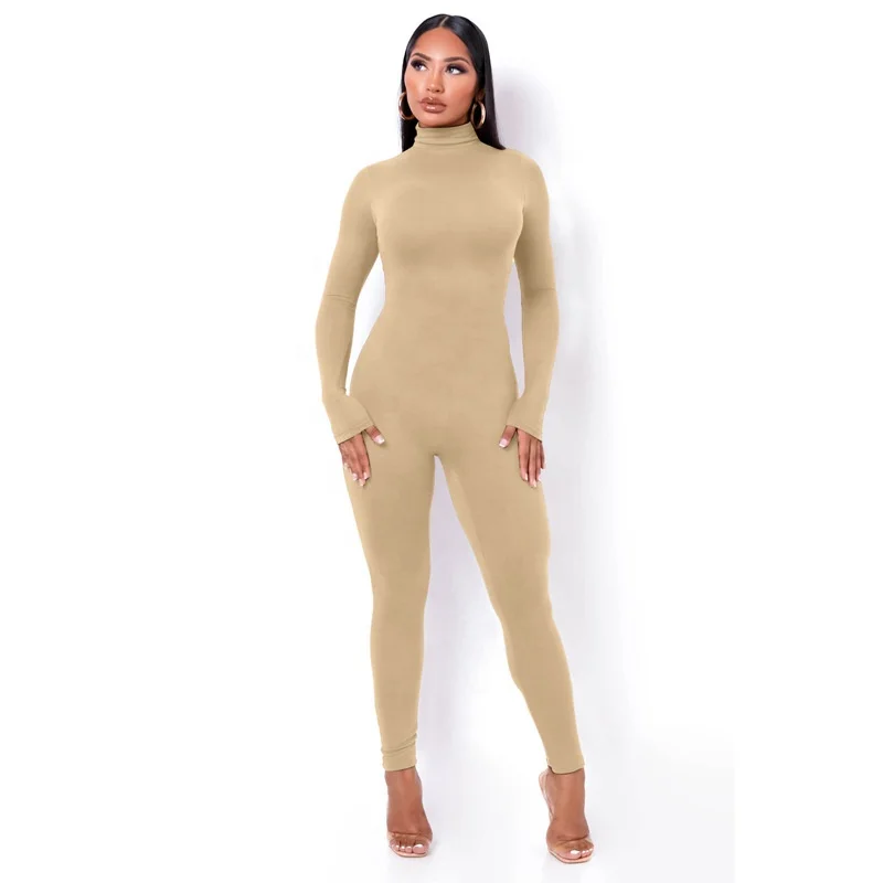 Free Sample solid color tight-fitting jumpsuits elegant stand collar womens bodysuits yoga jogging bodycon jumpsuit