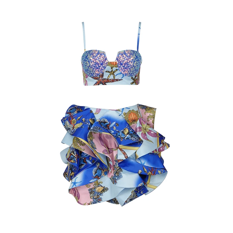 A6145  Fashion Design Printed Beaded Bra Tops And Ruffles Mini Skirt Ladies Two Pieces Party Suit