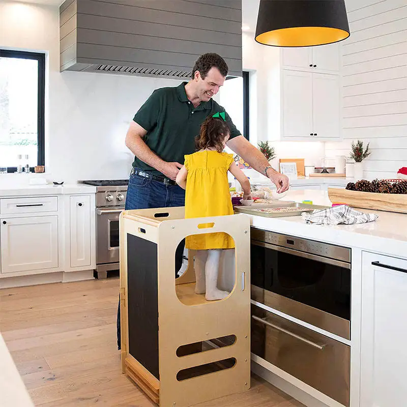 Children Kitchen Step Stool Wooden Climbing Frame Montessori Toddler Learning Tower with Slide and Blackboard Natural for Kids