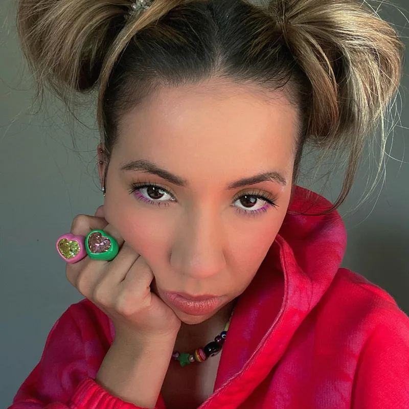 New Zircon Drip Enamel Heart Love Gemstone Rings Sparkling Crystal Opening Ring Earring Sets for Women Girls Party Jewelry 2022