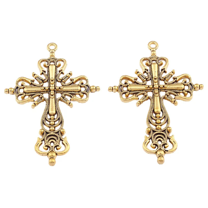 Antique Silver/Gold Tone Large Religious Cross Crucifix Charms Pendants Double Sided For Necklace DIY Jewelry Making 63x42mm