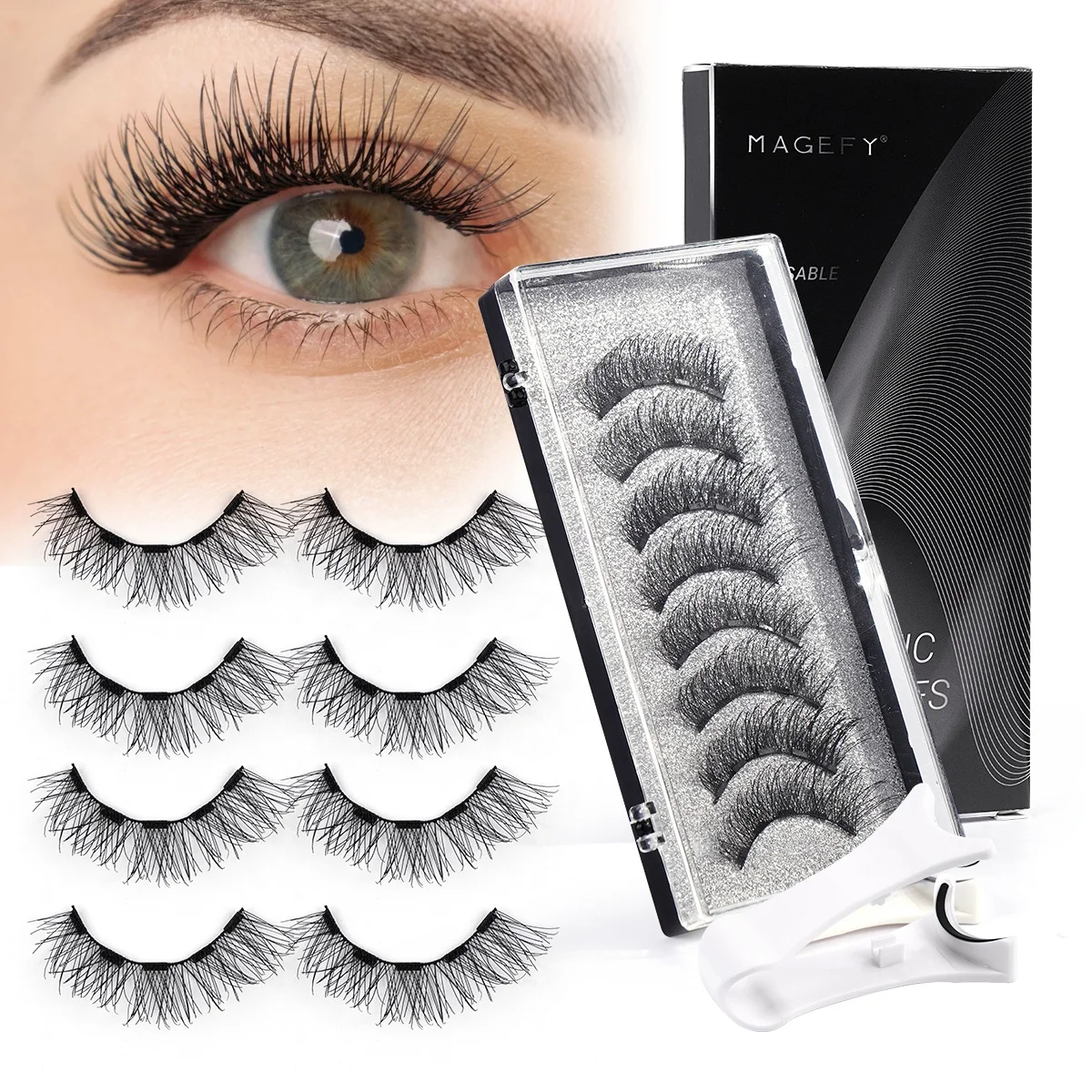 MAGEFY private label magnetic false eyelashes custom wholesale clear band dual magnetic eyelashes with applicator set