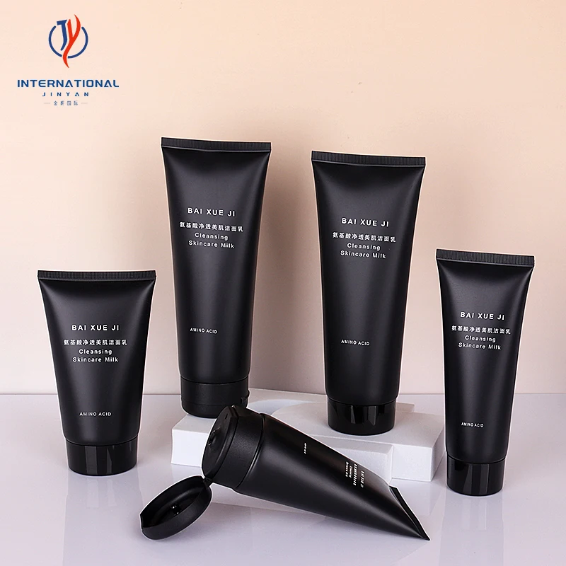Custom logo matte black cosmetic plastic soft squeeze tube 100ml 150ml 200ml facial wash hand body cream bottle packaging