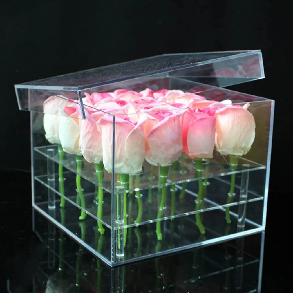 Wholesale Acrylic Square Clear Flower Box Preserved Rose Display Bridal Bouquet Large Gift Acrylic Preserved Fresh Roses Case