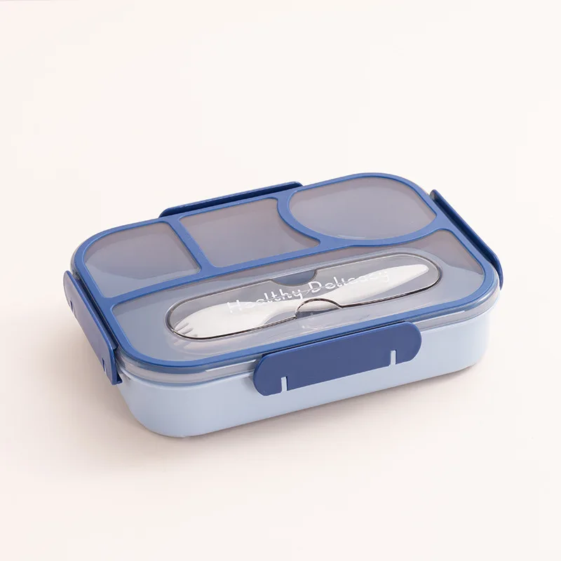 Plastic Office School Lunch Container with Spoon Lunch Box for Kids Bento Box 2023 1100ml 4 Compartment Shrink Film Rectangle