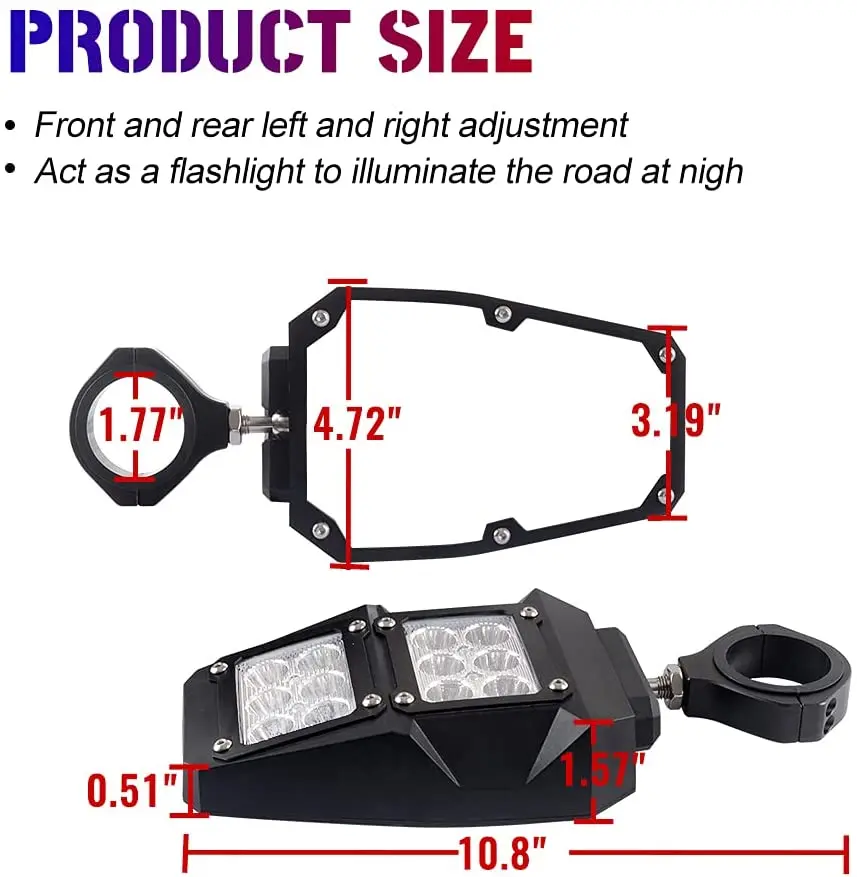 UTV ATV Rear View RearView Mirrors with LED Spots Light fit 1.75 to 2 Inch Roll Bar Cage for Polaris RZR Can Am Maverick X3