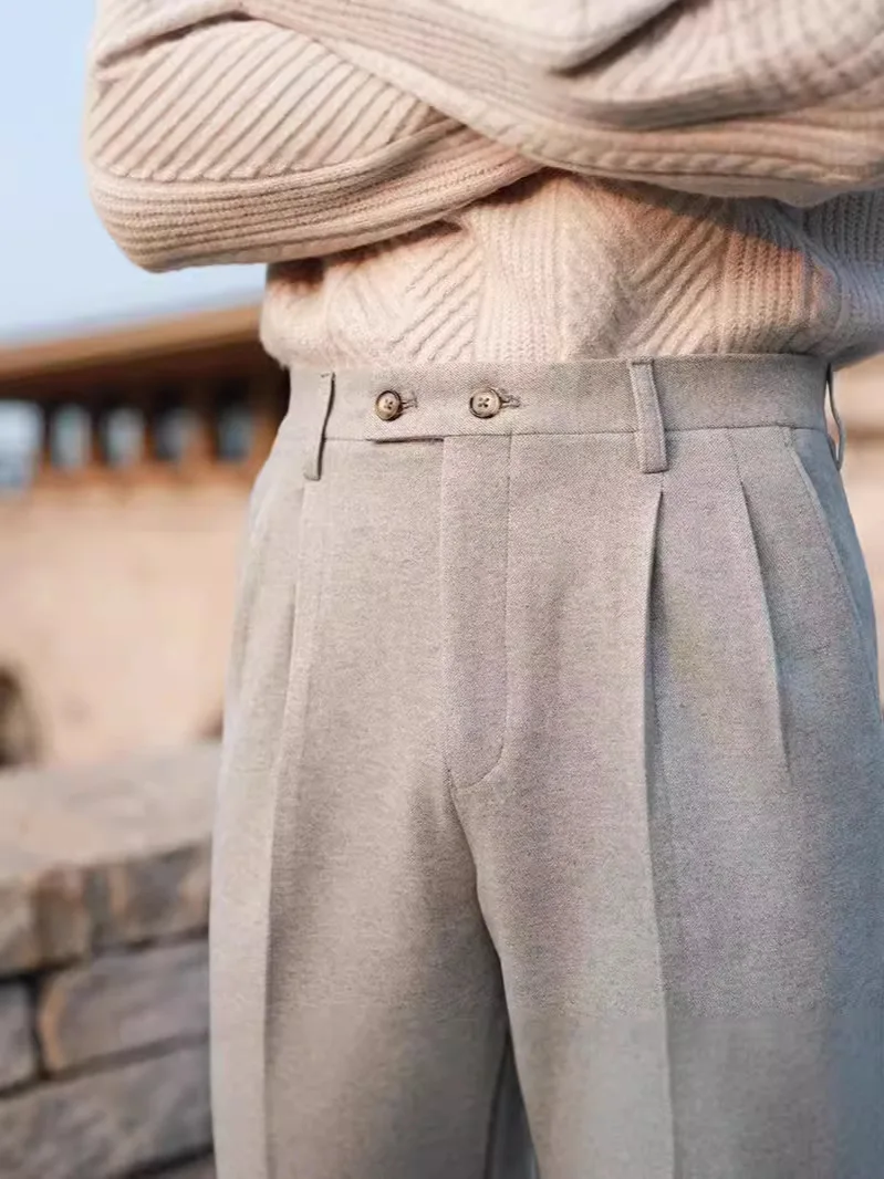 MCP054 Italian Style Mens Naples Trousers High Waist Side Buckle Pant Fitness Double Pleated Mens Business formal Pants