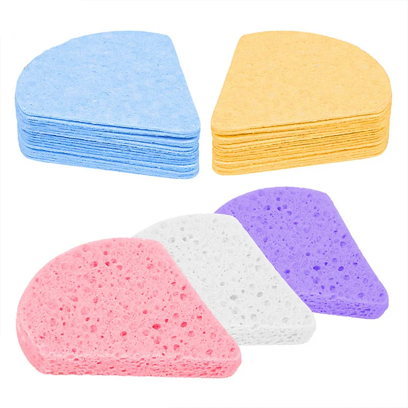 Degradable compressed triangular fan-shaped Multi-Color Facial Cleansing Sponges Cellulose Makeup Remover Puff for Cosmetics