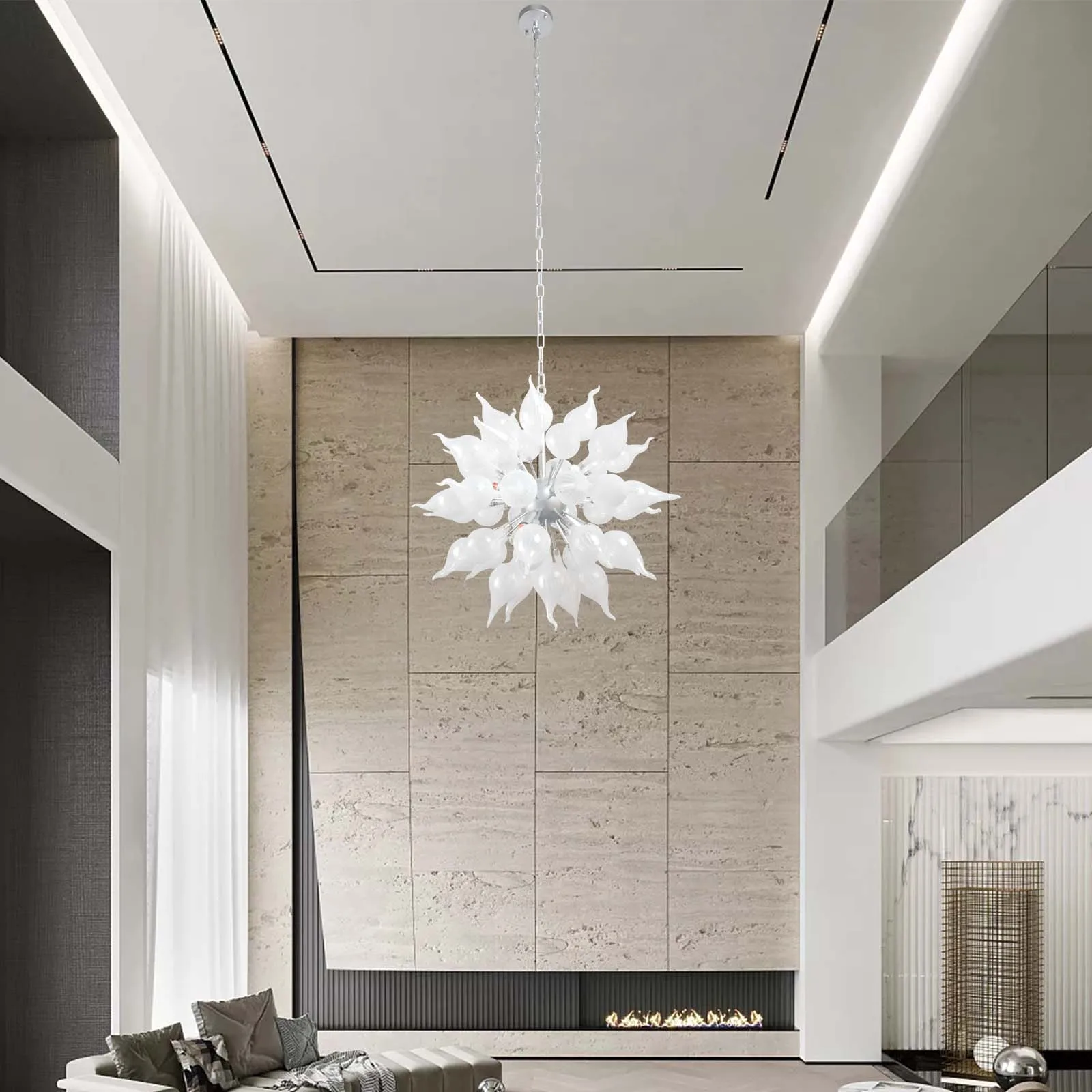 Blue Hand Blown Chandelier Living Room Modern Indoor Decor Frosted White Glass Chandeliers Hanging Pendant Lamp with LED Bulbs