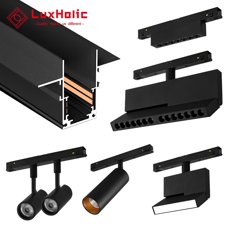 LuxHolic DC24V 48V Modular Design Surface Mounted Triac Smart LED Magnetic Spot Light System Led Magnetic Track Rail