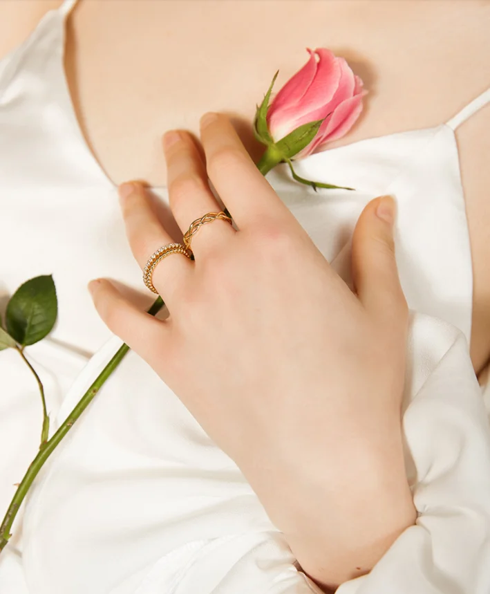 Eico Stackable Vintage Rings Gold Plated Cubic Thin Zircon Wedding Ring Filled Jewelry For