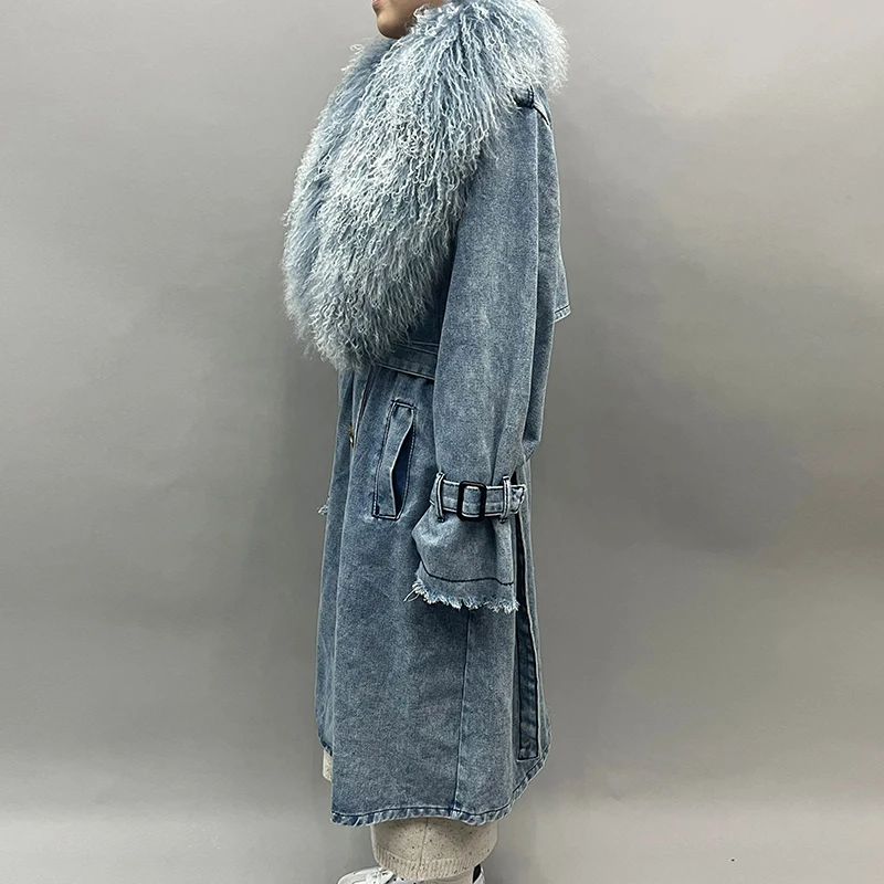 Fashion Long Trench Coat Women Denim Trench Coat with Detachable Mongolian Fur Collar