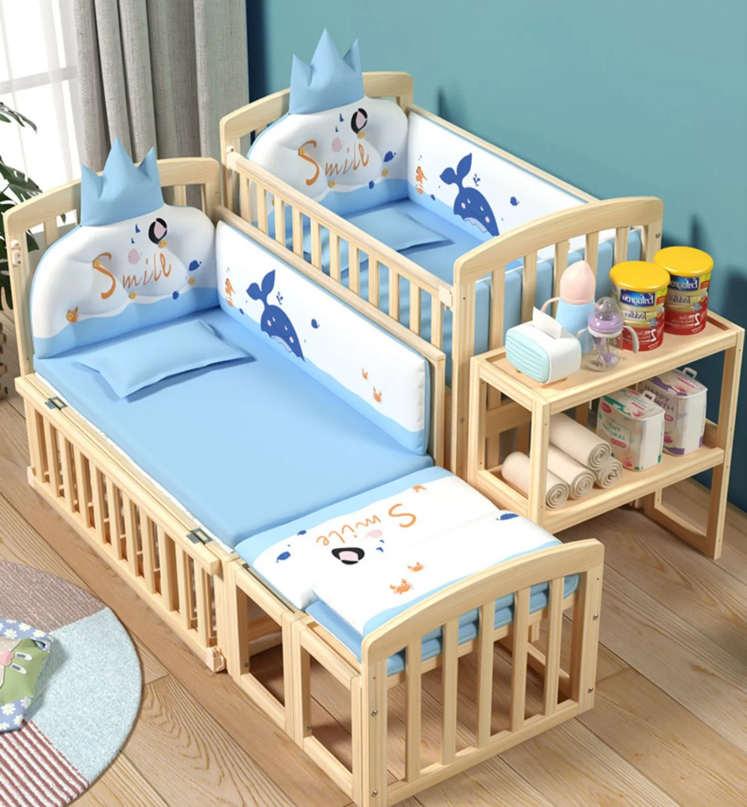 2024 Hot Sale Multifunctional Wooden Baby Cradle Bed Nursery Bedroom Furniture Convertible Newborn Babies Rattan Crib