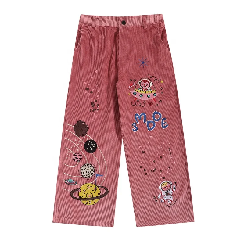 Custom Embroidery Patchwork Corduroy Straight Leg Mens Cotton Pants