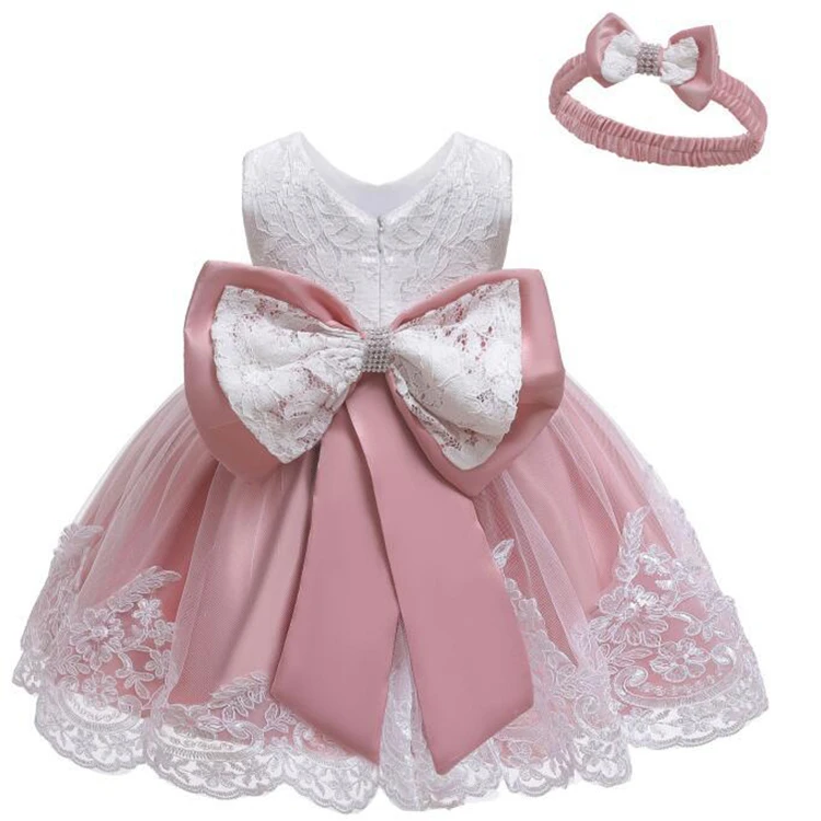 Kids Gown Infant Clothing Birthday Pageant Party Embroidery Formal Lace Baby Dress Flower Girl Dress With Big Bow