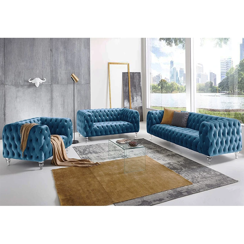 Winforce Luxury Fabric Living Room Sofa Furniture European Style 3 Seater Modern Chesterfield Sofa Velvet Couch Sofa Set