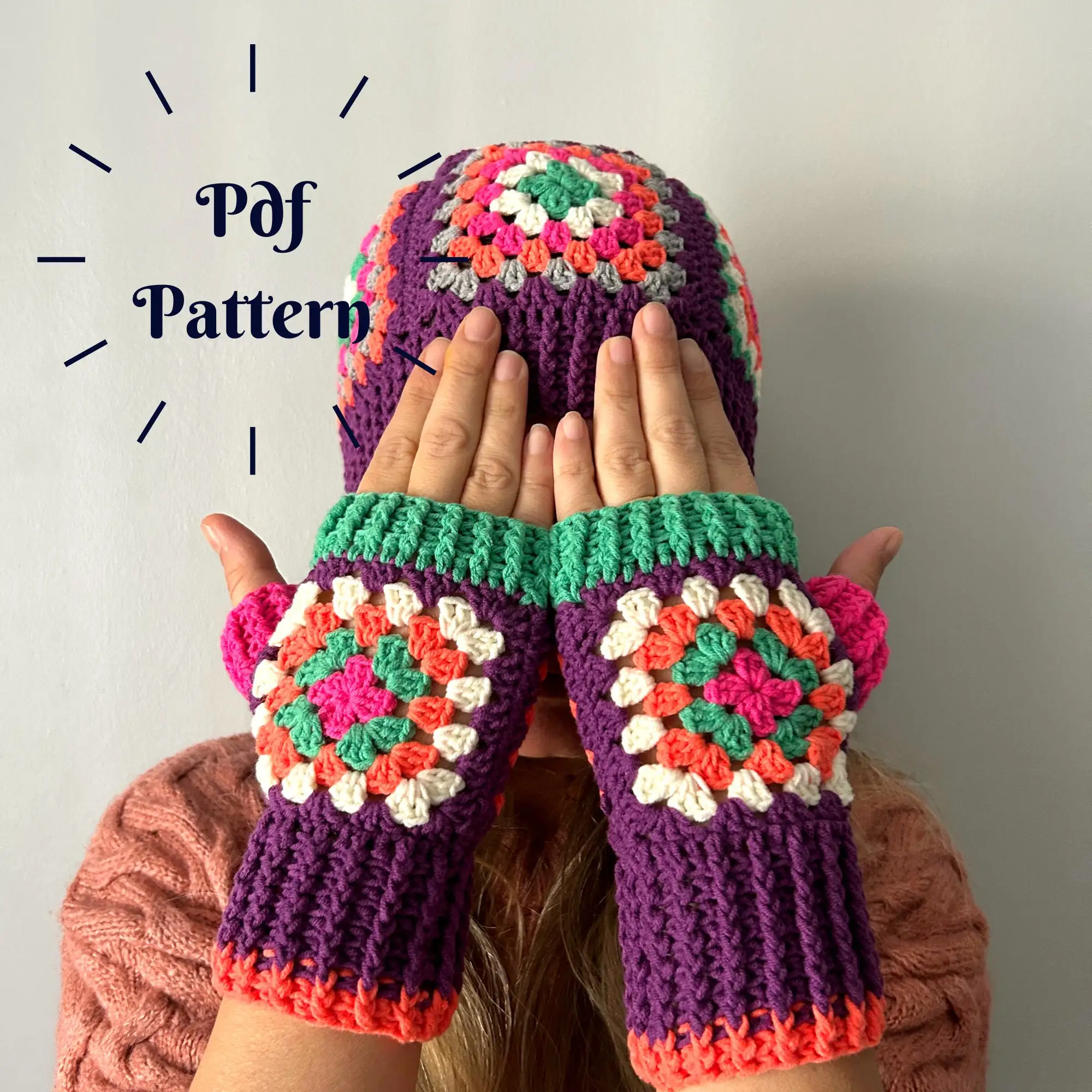 Crochet Winter Hat and Fingerless Gloves Knitted Winter Accesory Set Boho Retro Granny Square Crochet Accessory Gift For Her
