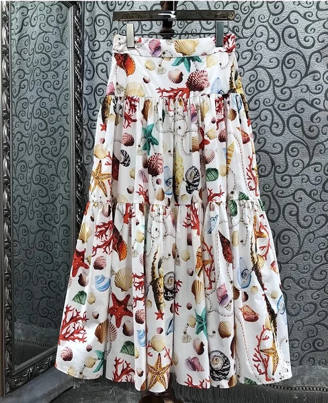 100%Cotton Long Skirt 2024 Summer Fashion Design Clothes Ladies Colorful Seashell Prints Casual Long Maxi Skirt High Quality