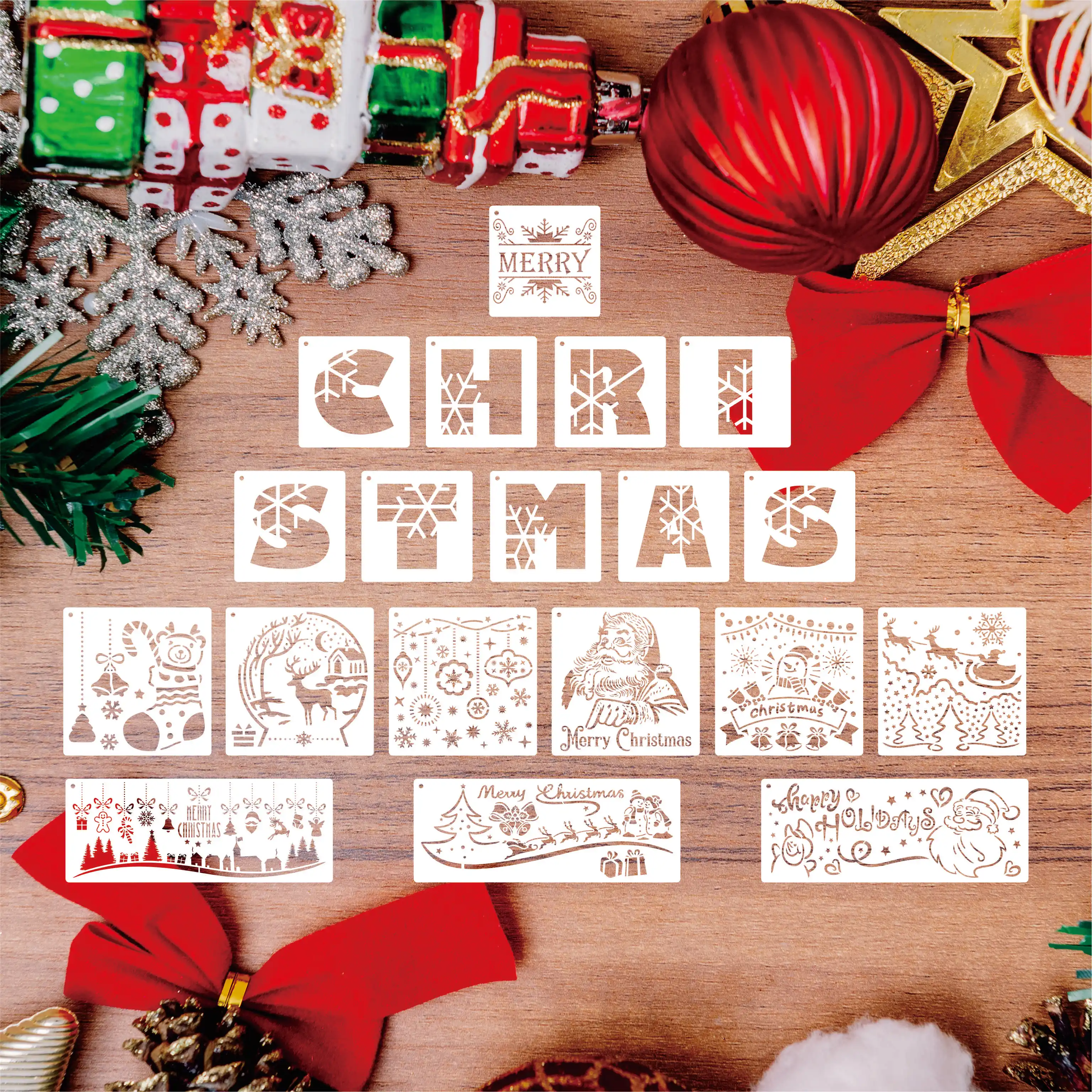 High Quality Merry Christmas Set PET Plastic Stencil Drawing Template For Window Decorate