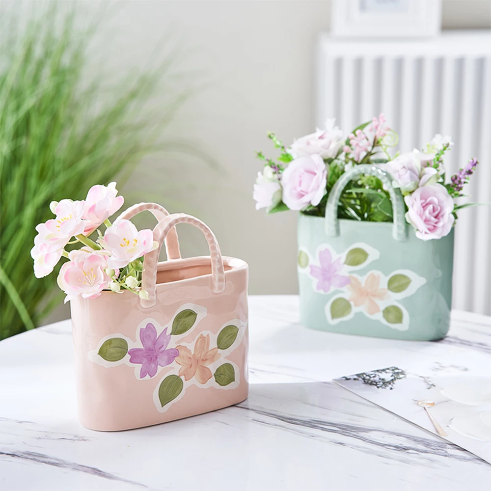 Hot selling Nordic home decoration tabletop decoration ceramic handicraft handbag vase