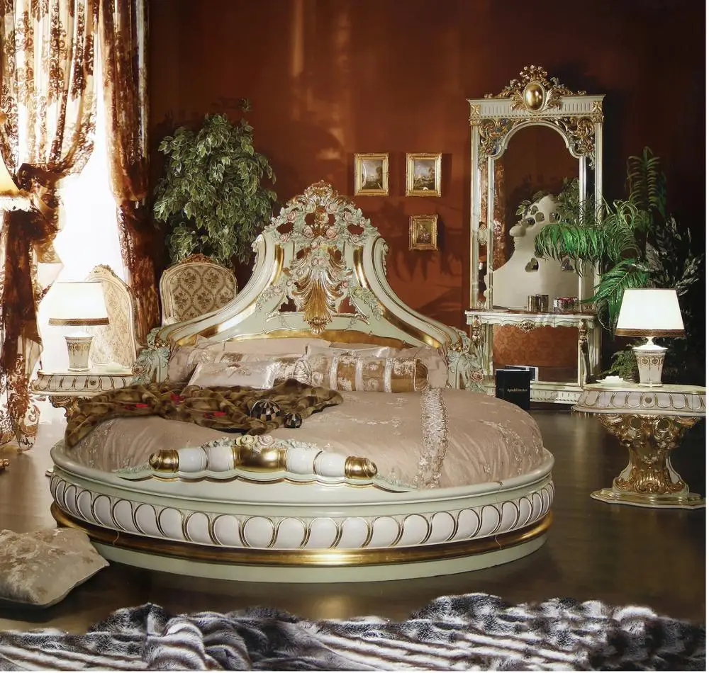  Итальянская мебель для спальни Rococo роскошная круглая классическая золотая кровать с резьбой по дереву набор необычная Свадебная