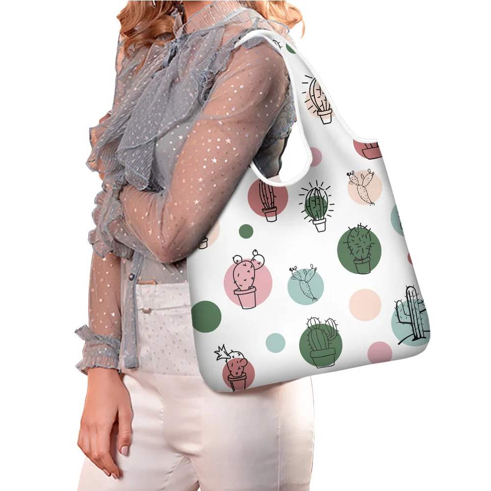 
Wholesale Cute Cactus Pattern Eco Friendly Reasable Grocery Bag Latest Trendy Women Bags Big Space Foldable Shopping Bag 
